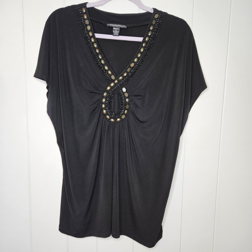 Designers Originals Women's Size 1X Blouse Black Beaded Neck